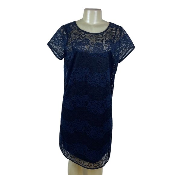 Ann Taylor Loft Womens Navy Lace Overlay Short Sleeve Shift Dress Size 10T - Picture 1 of 8